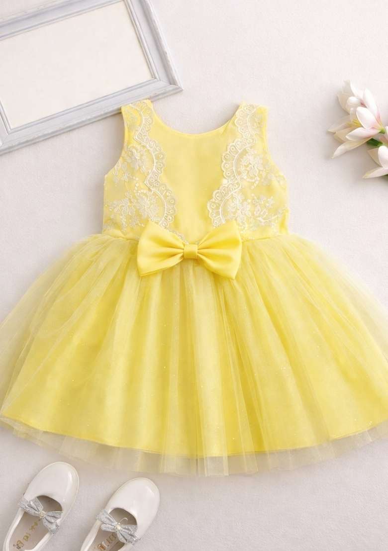 Yellow Applique Polyester Dress For Girls - Indya