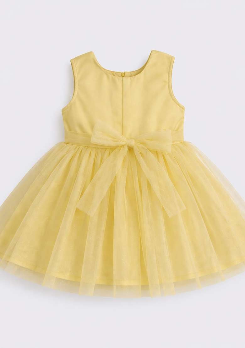 Yellow Applique Polyester Dress For Girls - Indya
