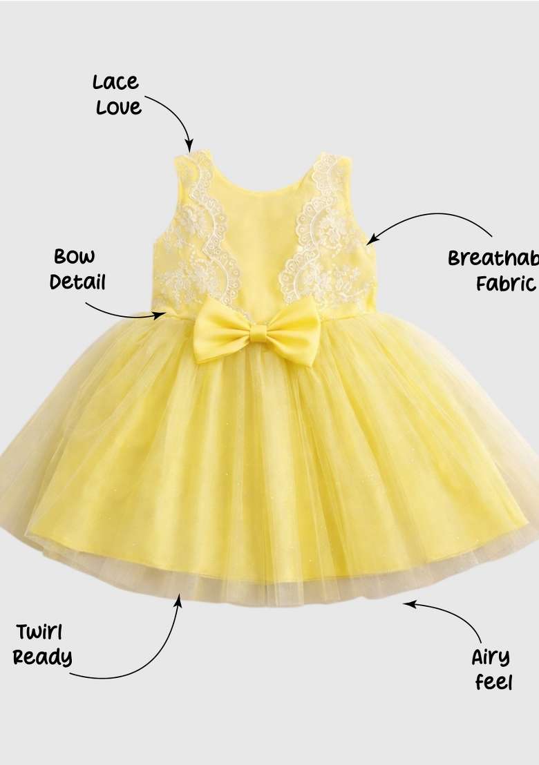 Yellow Applique Polyester Dress For Girls - Indya