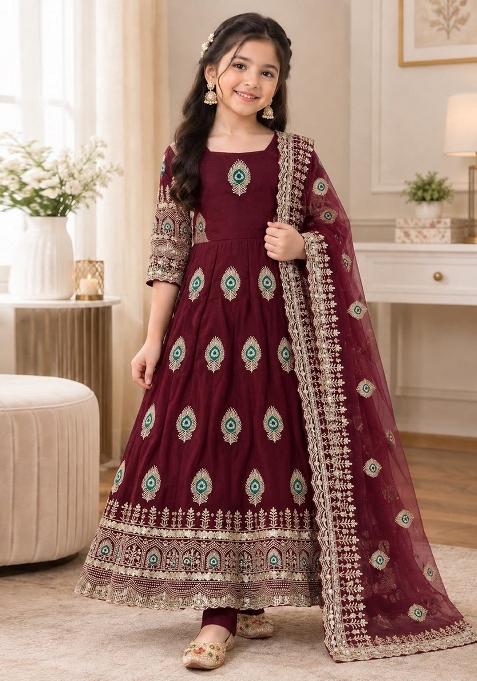 Maroon Embroidered Silk Gown Set For Girls