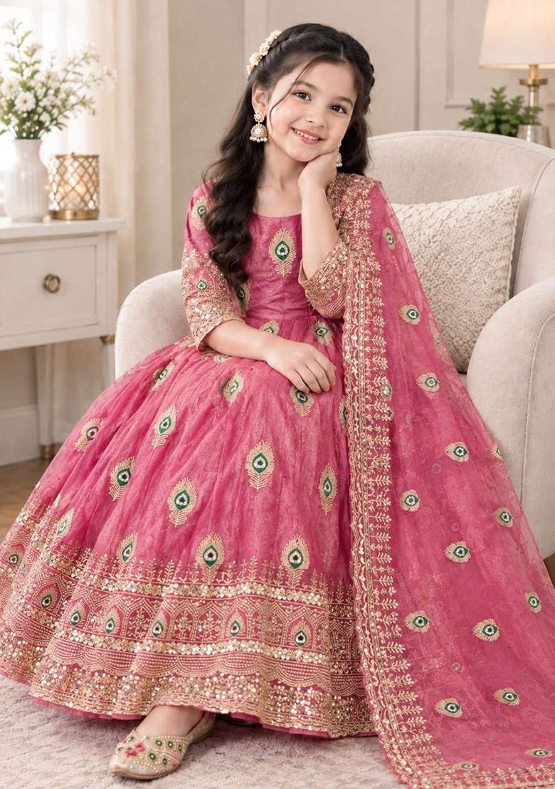 Pink Embroidered Silk Gown Set For Girls - Indya