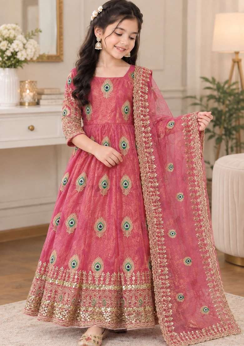 Pink Embroidered Silk Gown Set For Girls - Indya