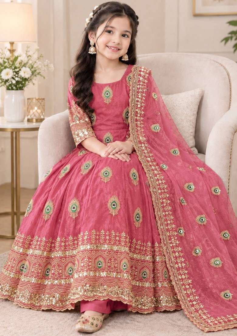 Pink Embroidered Silk Gown Set For Girls - Indya