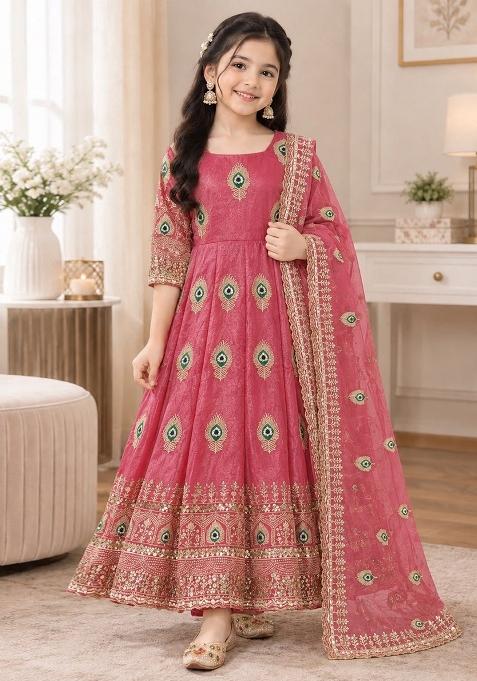 Pink Embroidered Silk Gown Set For Girls