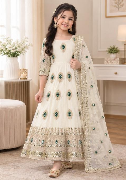White Embroidered Silk Gown Set For Girls