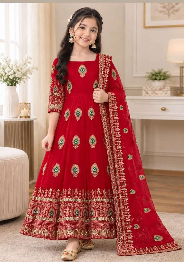 Red Embroidered Silk Gown Set For Girls - Indya