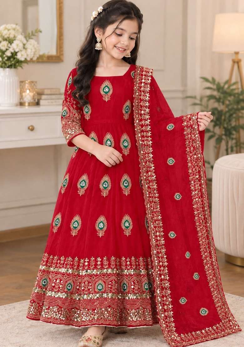 Red Embroidered Silk Gown Set For Girls - Indya