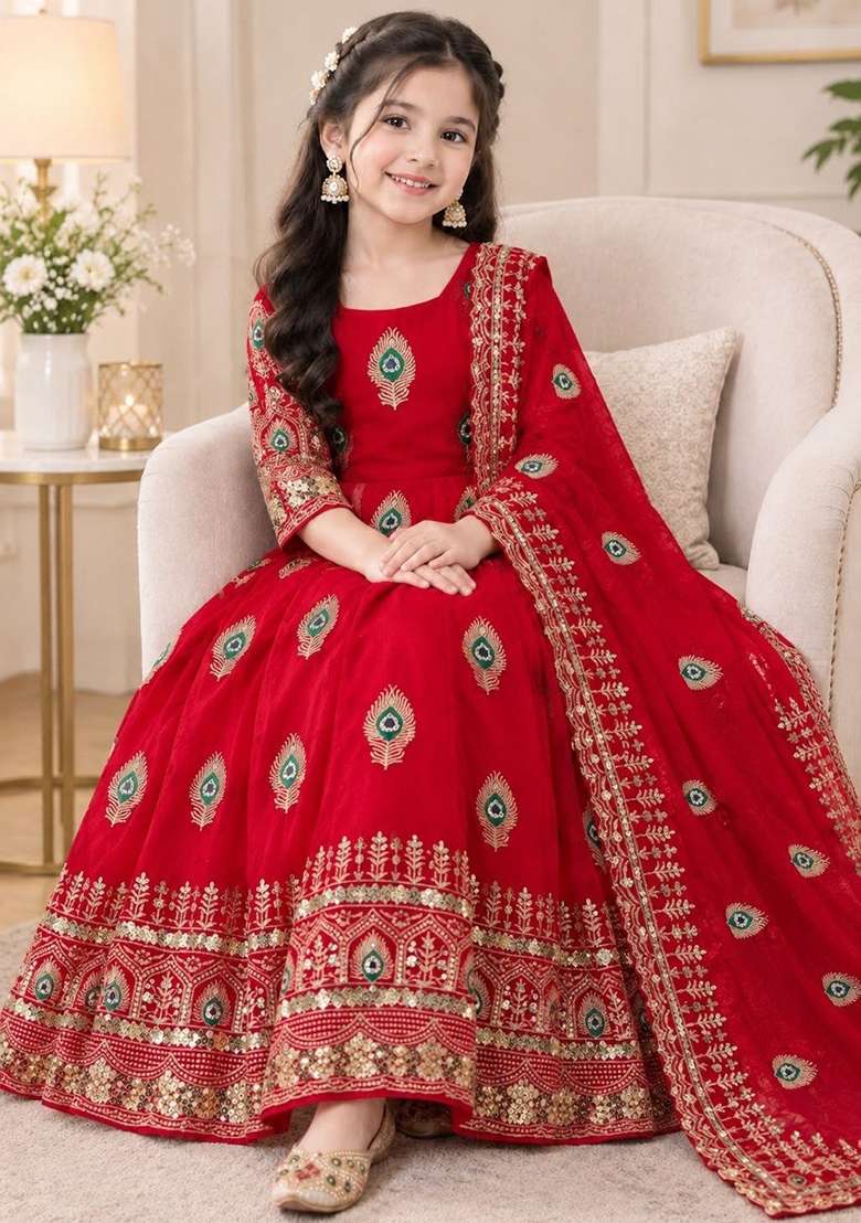 Red Embroidered Silk Gown Set For Girls - Indya