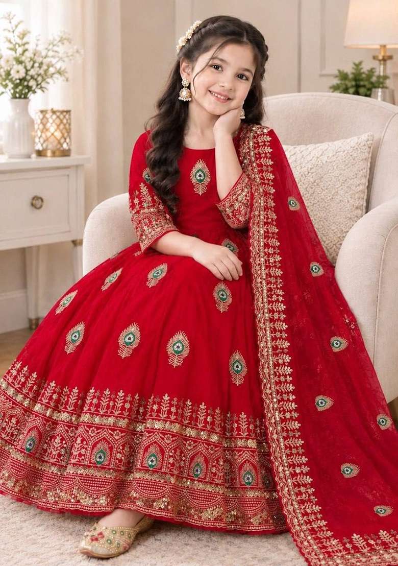 Red Embroidered Silk Gown Set For Girls - Indya