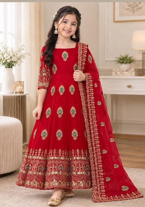 Red Embroidered Silk Gown Set For Girls