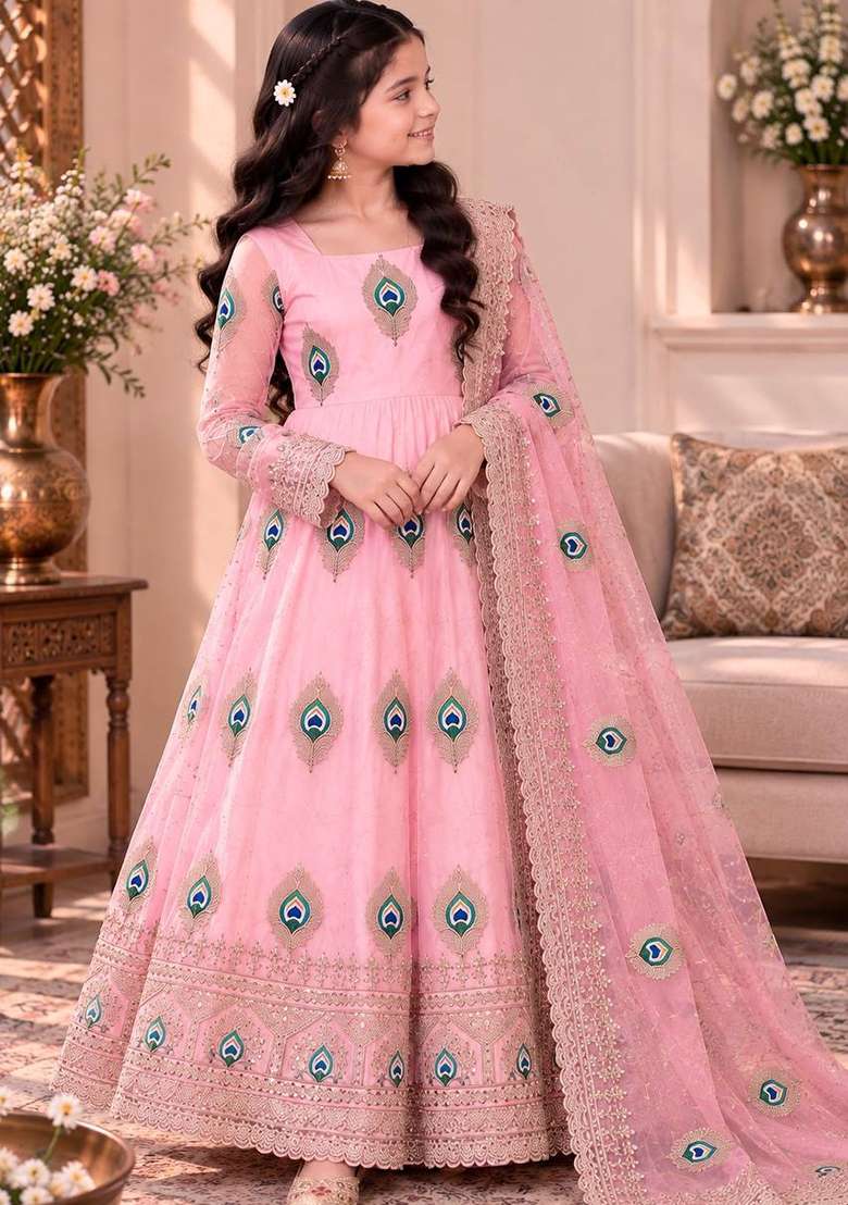 Light Pink Embroidered Silk Gown Set For Girls - Indya