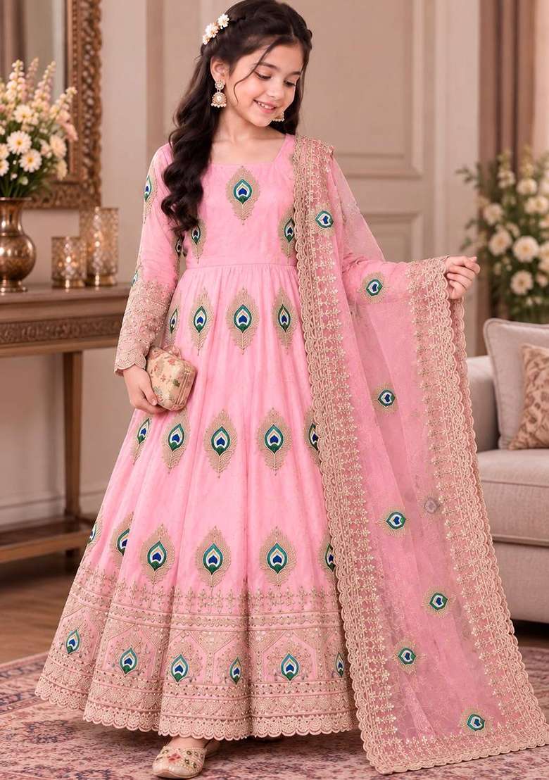 Light Pink Embroidered Silk Gown Set For Girls - Indya