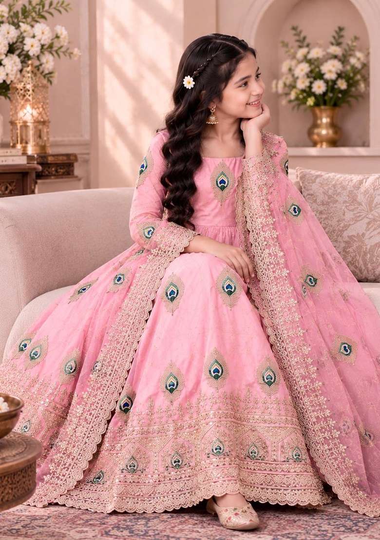 Light Pink Embroidered Silk Gown Set For Girls - Indya
