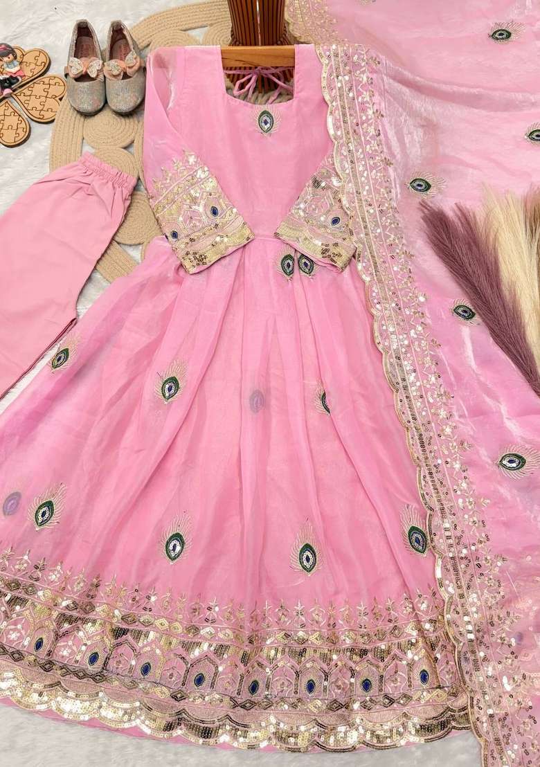 Light Pink Embroidered Silk Gown Set For Girls - Indya