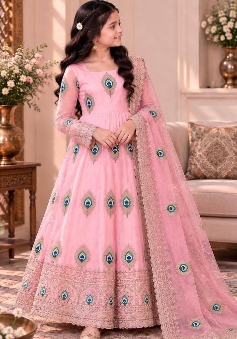 Light Pink Embroidered Silk Gown Set For Girls