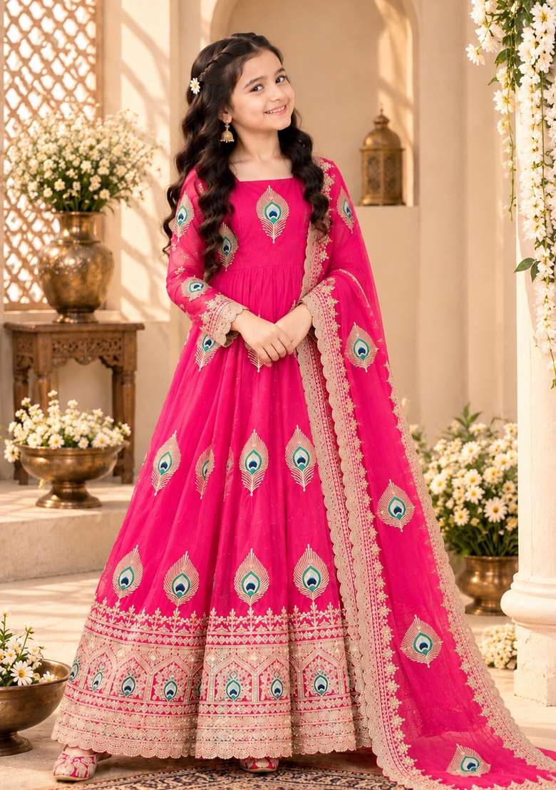 Bright Pink Embroidered Silk Gown Set For Girls - Indya