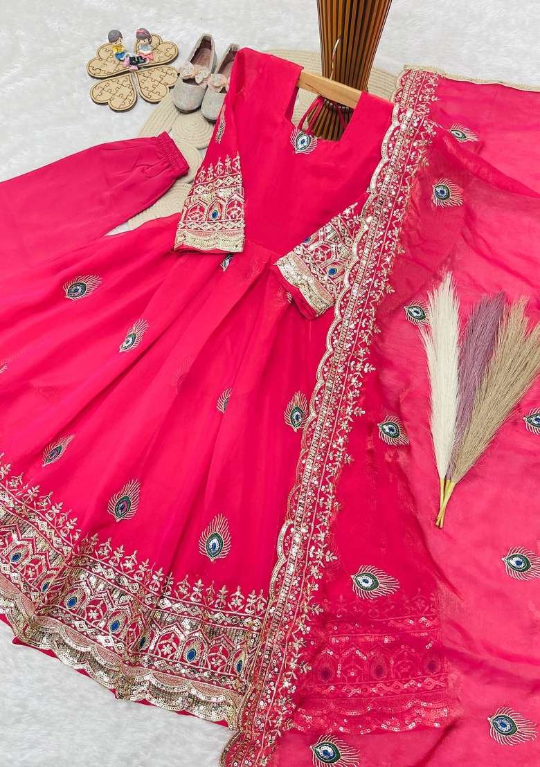 Bright Pink Embroidered Silk Gown Set For Girls - Indya