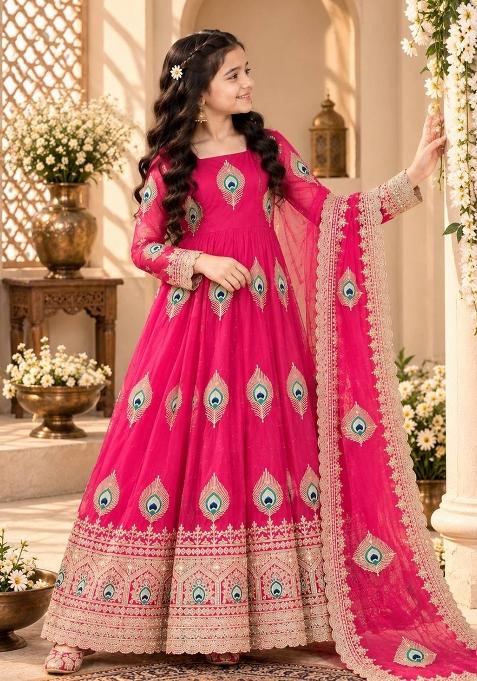 Bright Pink Embroidered Silk Gown Set For Girls