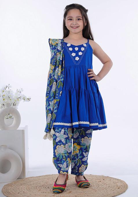 Royal Blue Printed Kurta With Pants And Dupatta (Set of 3)