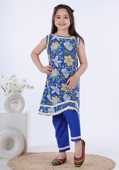 Royal Blue Block Print Kurta With Pants (Set of 2)