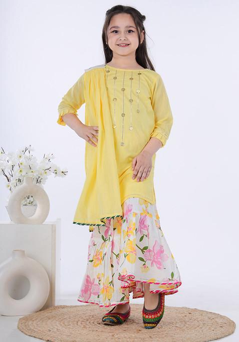 Yellow Printed Sharara With Kurta And Dupatta (Set of 3)