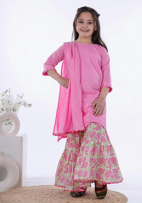 Pink Printed Sharara With Kurta And Dupatta (Set of 3)