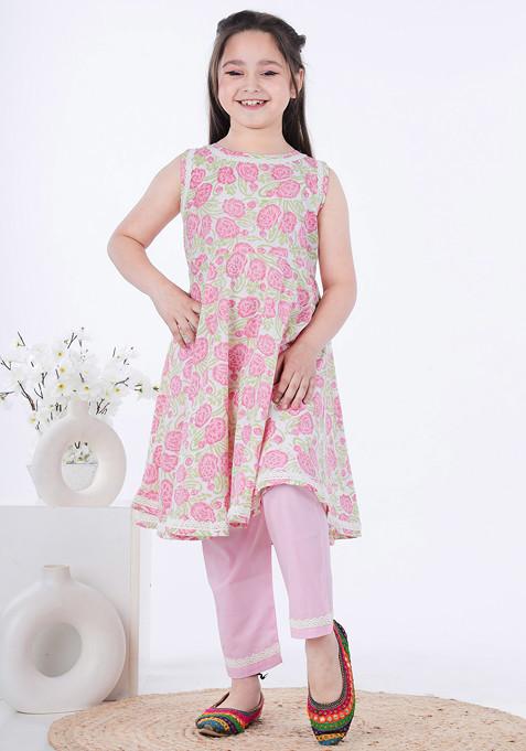 Pink Printed Anarkali Kurta With Pants (Set of 2)