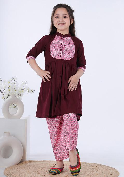 Maroon Printed Kurta With Pants (Set of 2)