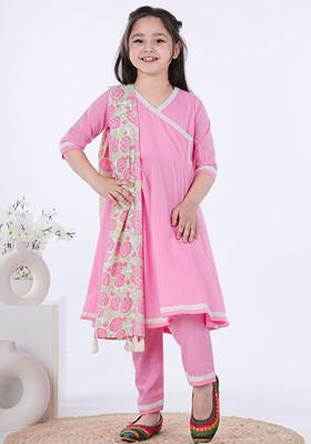 Pink Printed Angrakha Kurta With Pants And Dupatta (Set of 3)