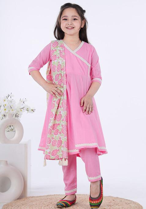 Pink Printed Angrakha Kurta With Pants And Dupatta (Set of 3)