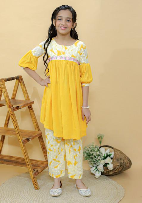 Pastel Yellow Embroidered Kurta With Palazzo (Set of 2)