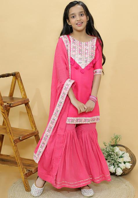 Pink Embroidered Sharara With Kurta And Dupatta (Set of 3)