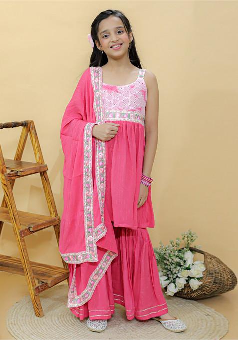 Pink Embroidered Sharara With Kurta And Dupatta (Set of 3)