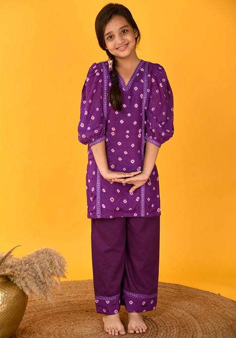 Purple Dye Bandhani Print Kurta With Palazzo (Set of 2)