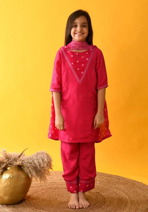 Hot Pink Dye Bandhani Print Kurta With Palazzo And Dupatta (Set of 3)