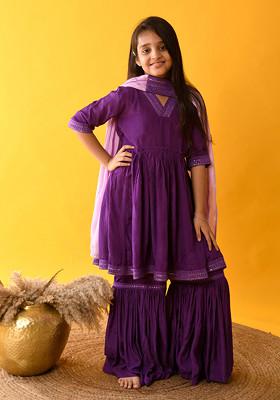 Purple Embroidered Sharara With Kurta And Dupatta (Set of 3)