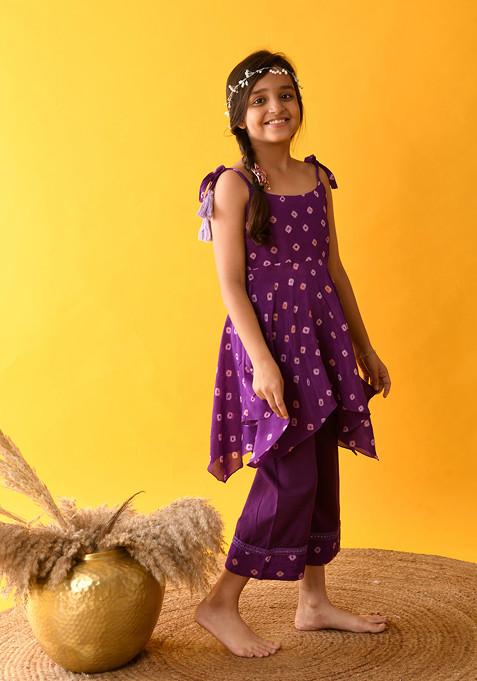 Purple Bandhani Muslin Kurta Set with Lace Work