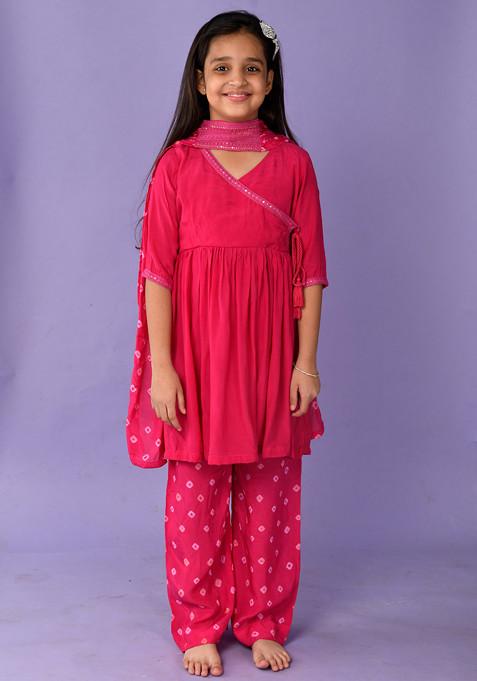 Hot Pink Dye Bandhani Print Kurta With Palazzo And Dupatta (Set of 3)