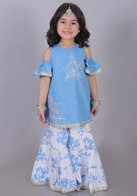 Blue Foil Print Sharara With Kurta (Set of 2)