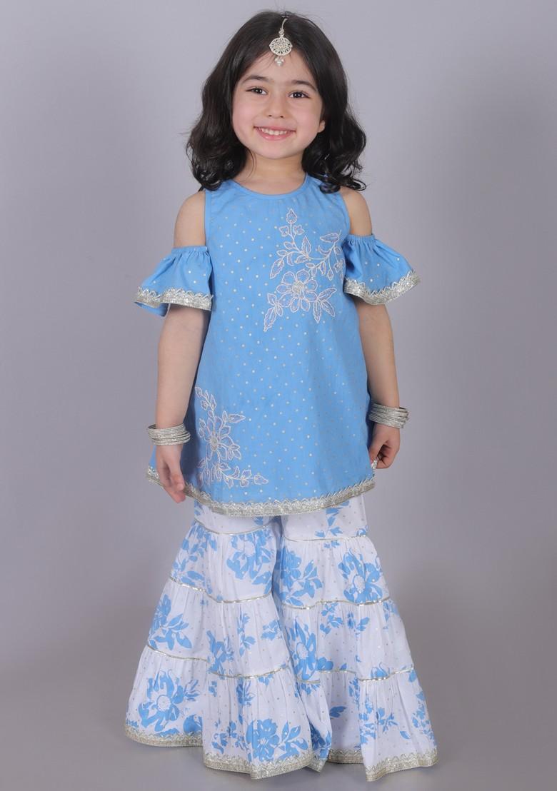 Blue Foil Print Sharara With Kurta (Set of 2)