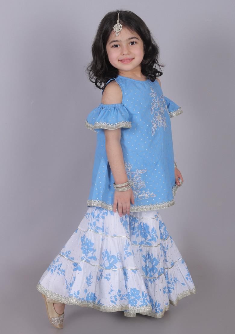 Blue Foil Print Sharara With Kurta (Set of 2)