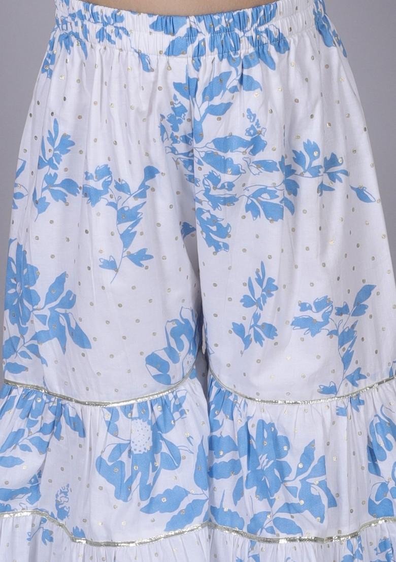 Blue Foil Print Sharara With Kurta (Set of 2)