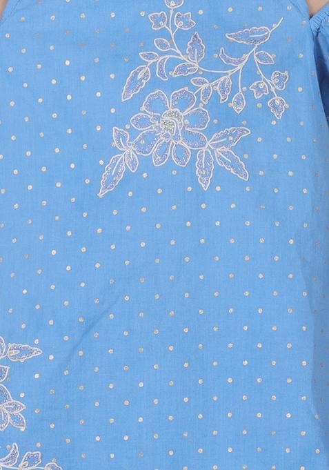 Blue Foil Print Sharara With Kurta (Set of 2)