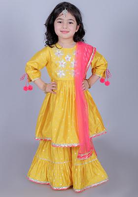 Yellow Foil Print Sharara With Kurta And Dupatta (Set of 3)