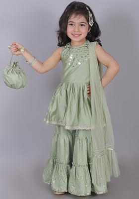 Sea Green Mirror Embroidered Flared Sharara With Kurta (Set of 2)