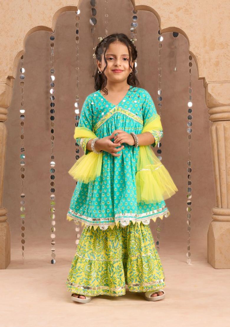 Green Printed Sharara With Kurta And Dupatta (Set of 3)