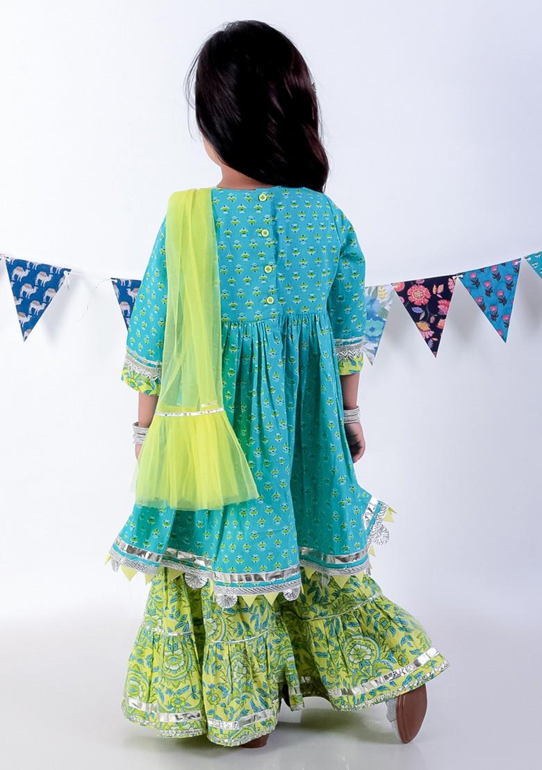 Green Printed Sharara With Kurta And Dupatta (Set of 3)