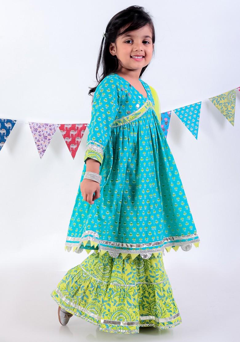 Green Printed Sharara With Kurta And Dupatta (Set of 3)