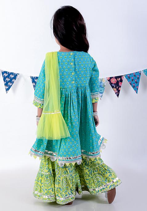 Green Printed Sharara With Kurta And Dupatta (Set of 3)