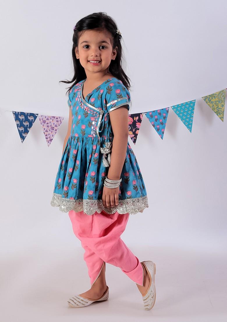 Blue Jaipuri Print Kurta With Dhoti Pants (Set of 2) - Indya